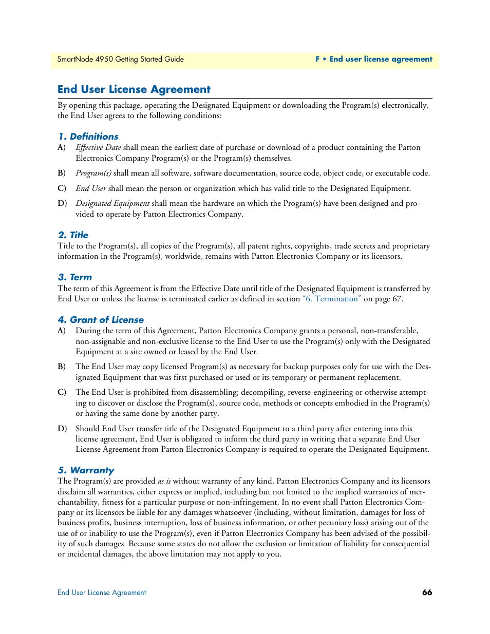 End user license agreement, Definitions, Title | Term, Grant of license, Warranty | Patton electronic SMARTNODE 4950 User Manual | Page 66 / 67