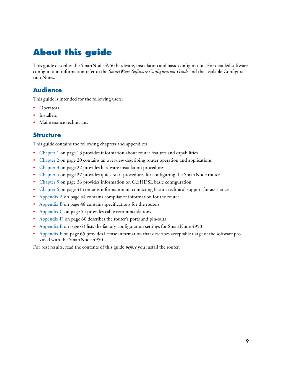 About this guide, Audience, Structure | Patton electronic SMARTNODE 4950 User Manual | Page 9 / 67
