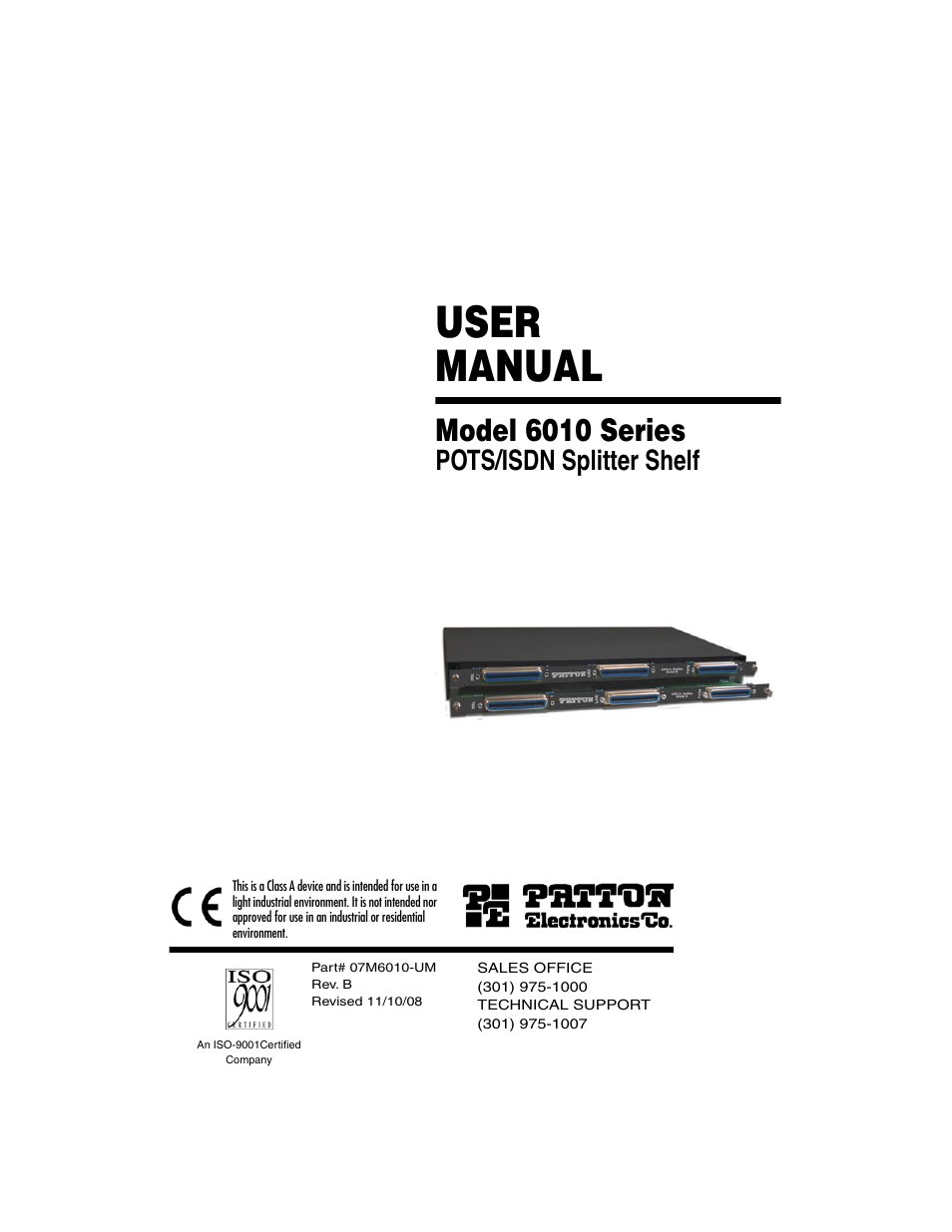 Patton electronic POTS/ISDN Splitter Shelf 6010 Series User Manual | 12 pages