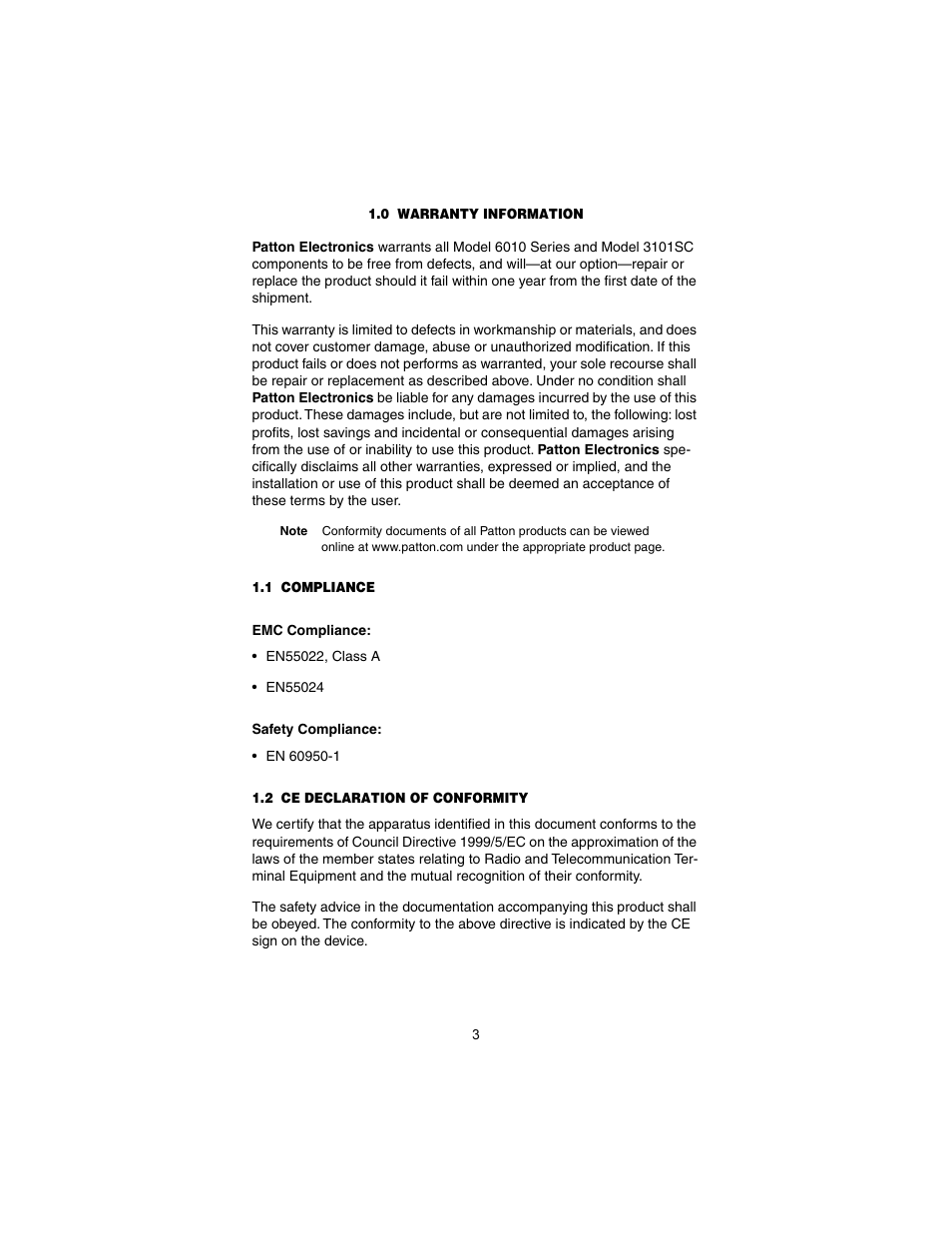 0 warranty information, 1 compliance, Emc compliance | Safety compliance, 2 ce declaration of conformity, Warranty information, Compliance, Emc compliance: safety compliance, Ce declaration of conformity | Patton electronic POTS/ISDN Splitter Shelf 6010 Series User Manual | Page 3 / 12