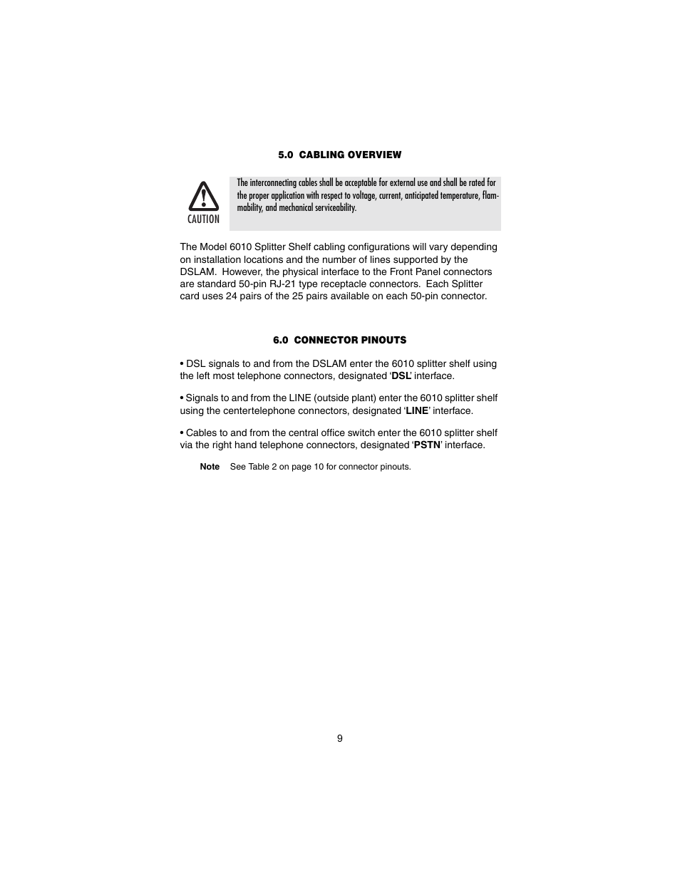 0 cabling overview, 0 connector pinouts, Cabling overview | Connector pinouts | Patton electronic POTS/ISDN Splitter Shelf 6010 Series User Manual | Page 9 / 12