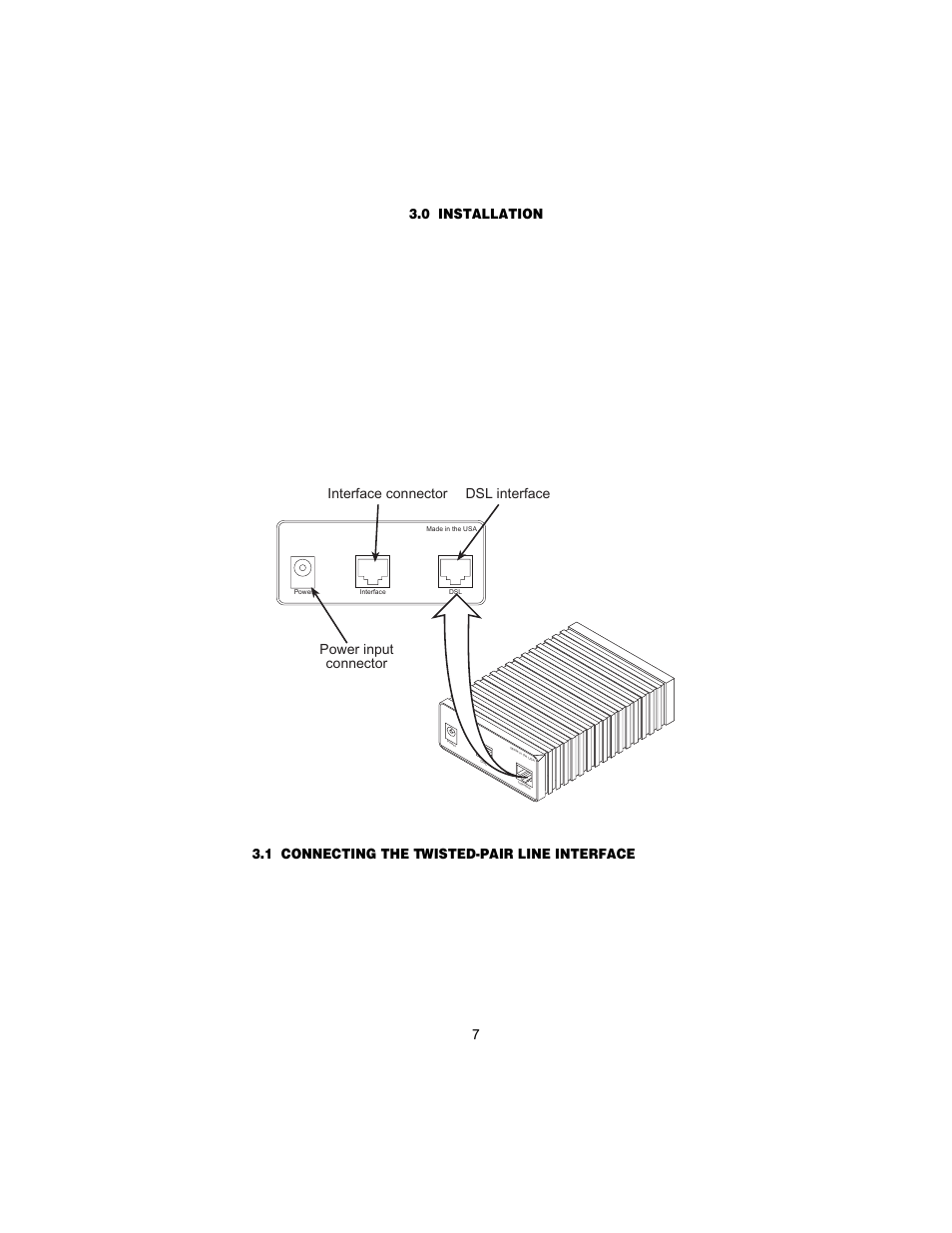 0 installation, 1 connecting the twisted-pair line interface, Installation | Connecting the twisted-pair line interface, Dsl interface, Interface connector power input connector | Patton electronic 2155 User Manual | Page 7 / 20