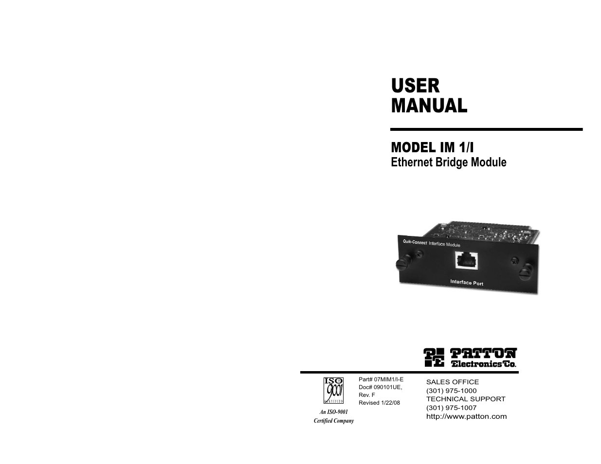 User manual, Model im 1/i, Ethernet bridge module | Patton electronic IM1/I User Manual | Page 20 / 20