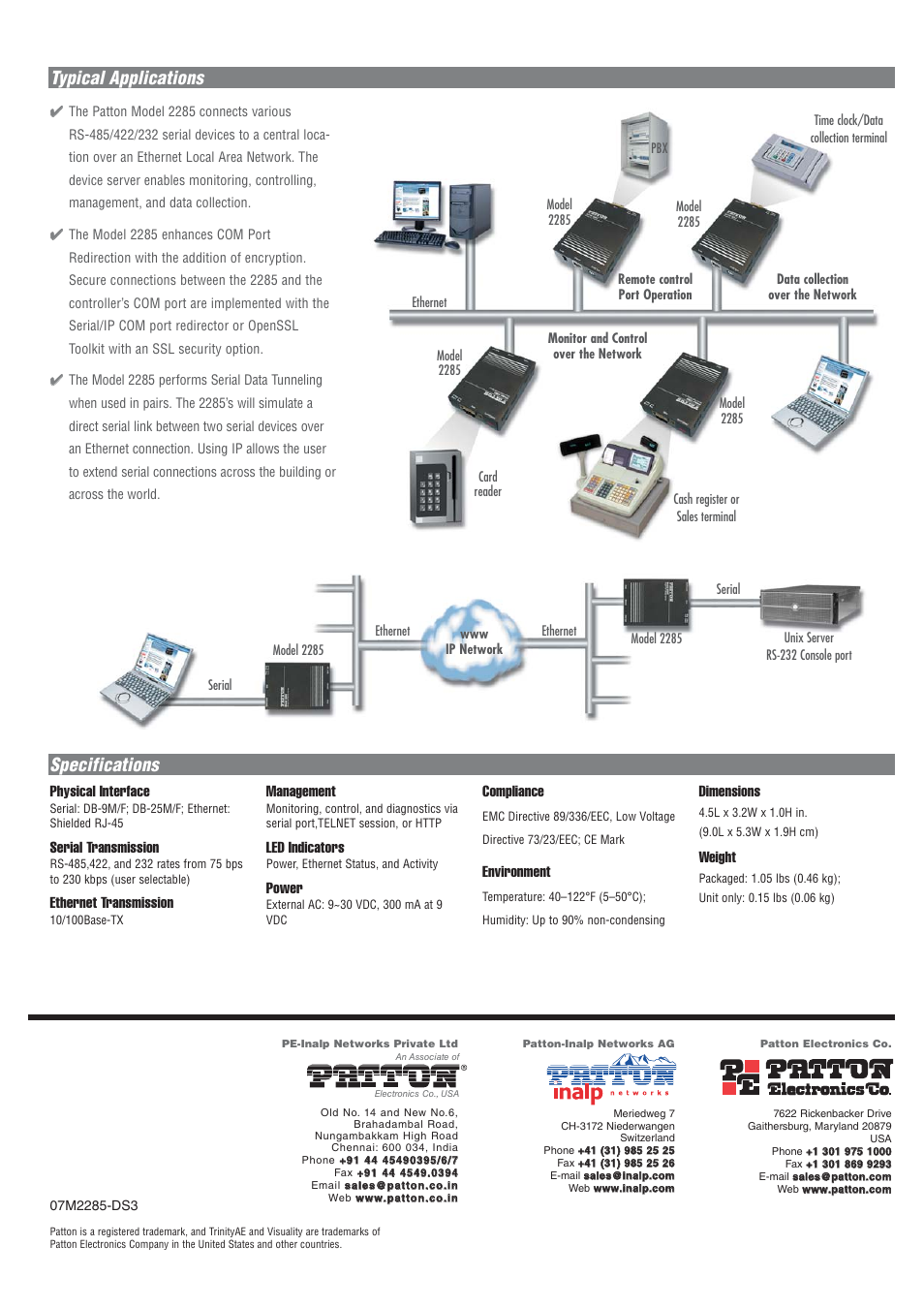 Specifications typical applications, Physical interface, Serial transmission | Ethernet transmission, Management, Led indicators, Power, Compliance, Environment, Dimensions | Patton electronic EtherBITS 2285 User Manual | Page 2 / 2