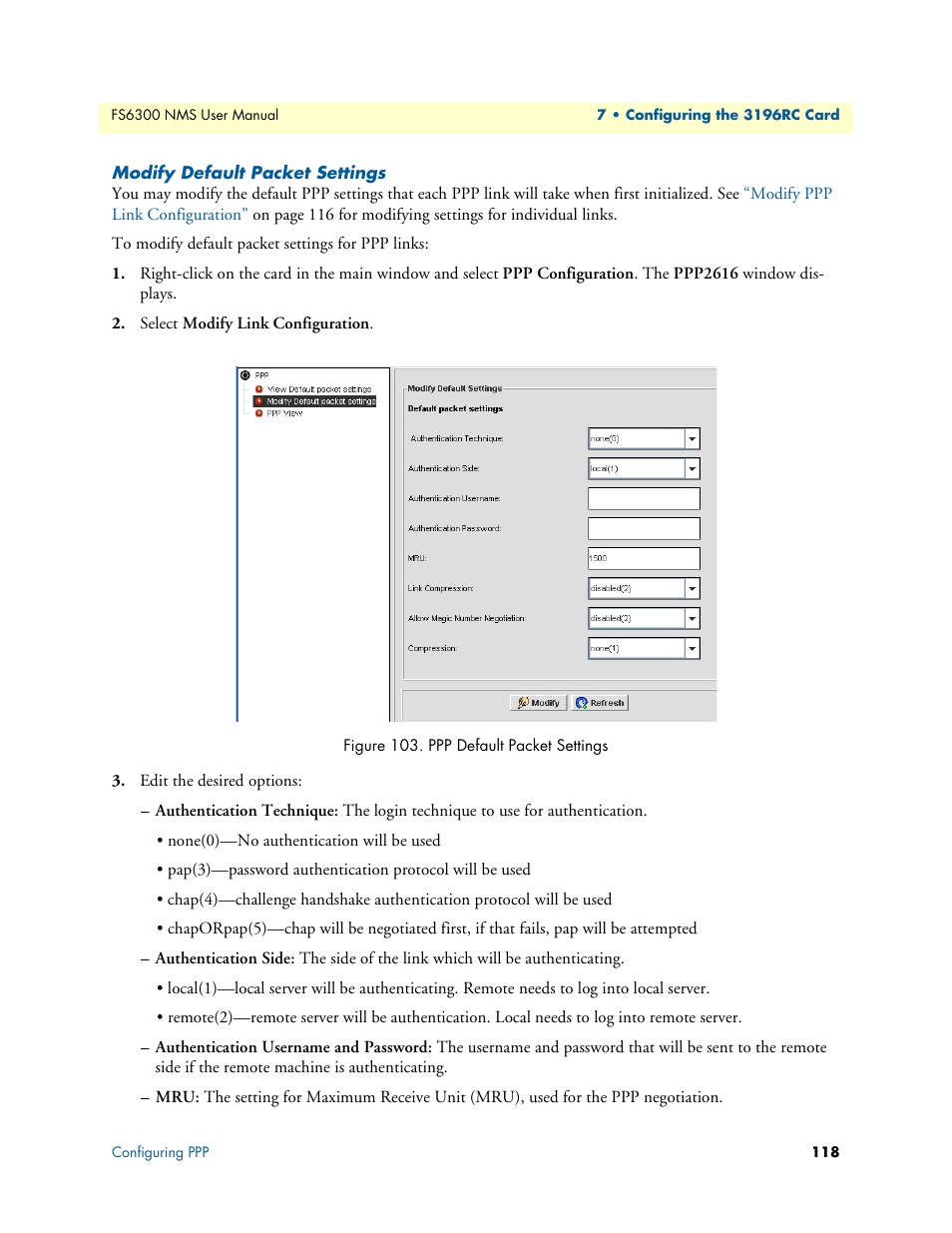 Modify default packet settings, 103 ppp default packet settings | Patton electronic FORESIGHT 6300 User Manual | Page 118 / 145