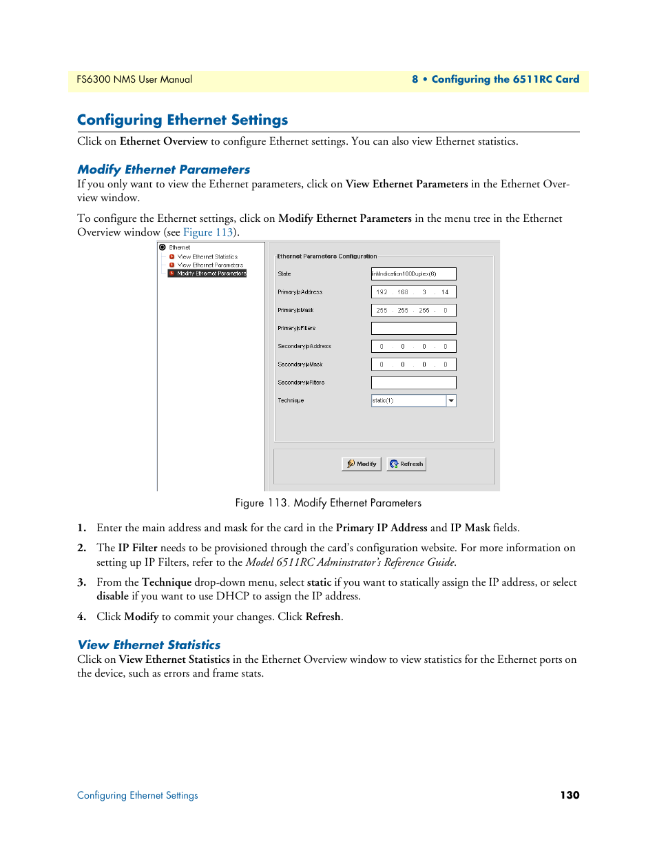 Configuring ethernet settings, Modify ethernet parameters, View ethernet statistics | 113 modify ethernet parameters | Patton electronic FORESIGHT 6300 User Manual | Page 130 / 145