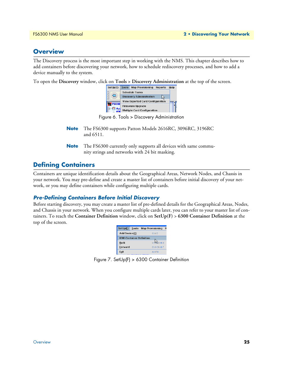 Overview, Defining containers, Pre-defining containers before initial discovery | Tools > discovery administration, Setup(f) > 6300 container definition | Patton electronic FORESIGHT 6300 User Manual | Page 25 / 145