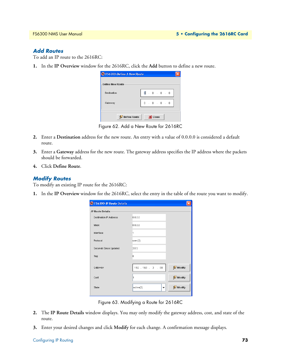 Add routes, Modify routes, Add a new route for 2616rc | Modifying a route for 2616rc | Patton electronic FORESIGHT 6300 User Manual | Page 73 / 145