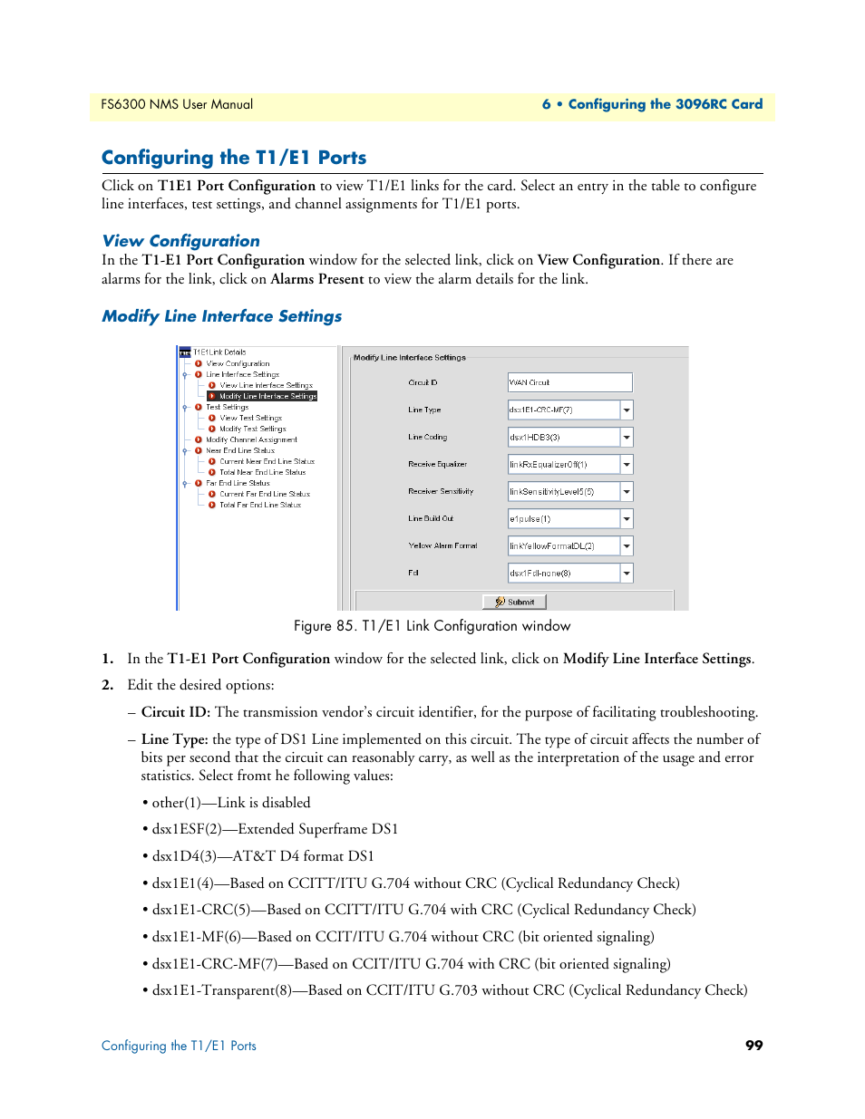 Configuring the t1/e1 ports, View configuration, Modify line interface settings | T1/e1 link configuration window | Patton electronic FORESIGHT 6300 User Manual | Page 99 / 145
