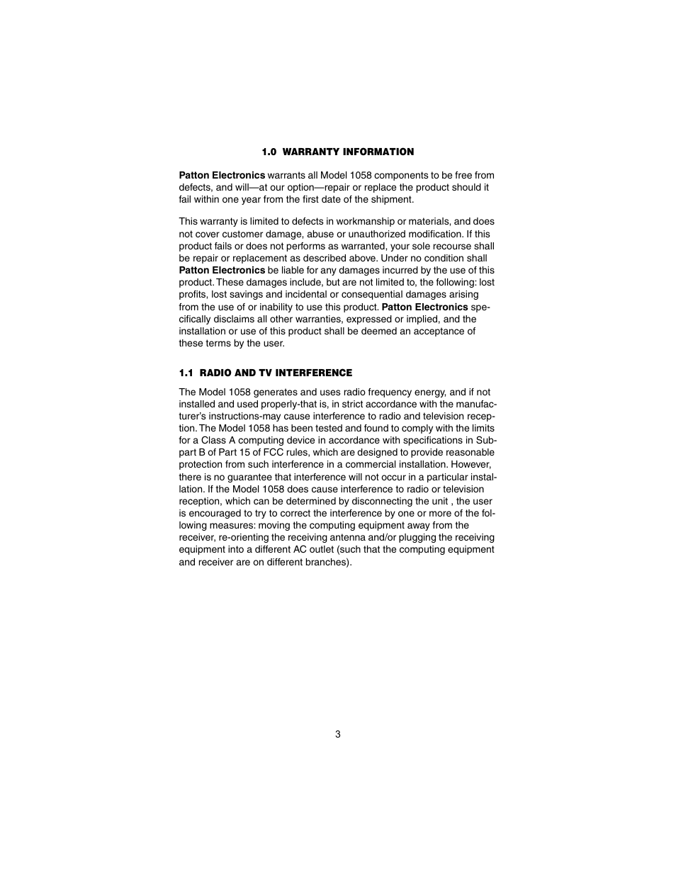 0 warranty information, 1 radio and tv interference, Warranty information | Radio and tv interference | Patton electronic Model 1058 User Manual | Page 3 / 17
