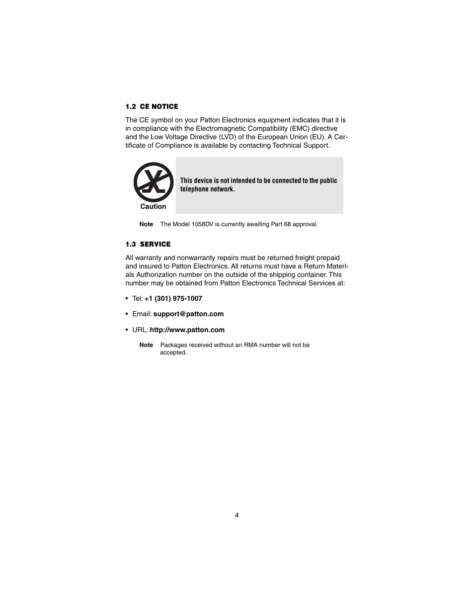 2 ce notice, 3 service, Ce notice | Service | Patton electronic Model 1058 User Manual | Page 4 / 17