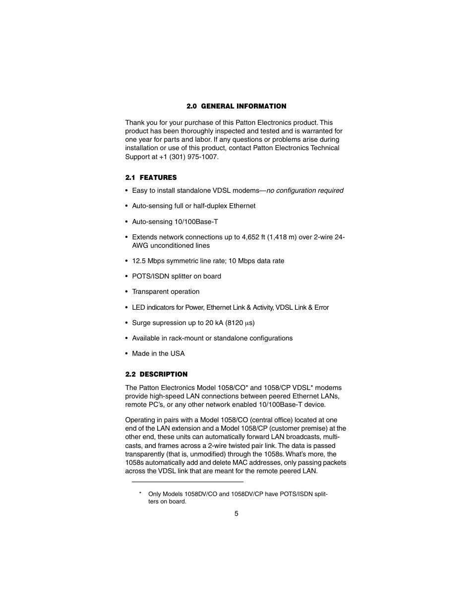 0 general information, 1 features, 2 description | General information, Features, Description | Patton electronic Model 1058 User Manual | Page 5 / 17