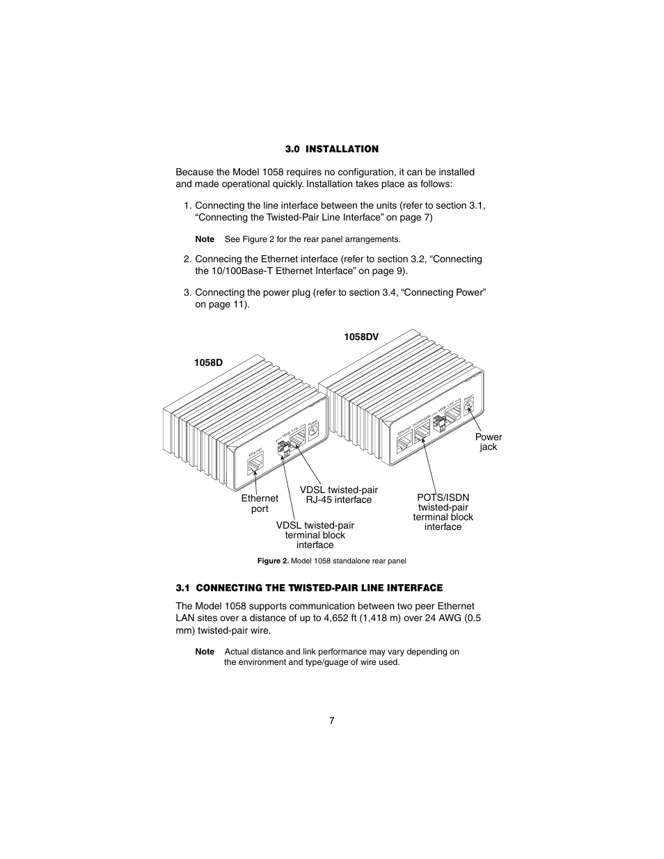 0 installation, 1 connecting the twisted-pair line interface, Installation | Connecting the twisted-pair line interface | Patton electronic Model 1058 User Manual | Page 7 / 17