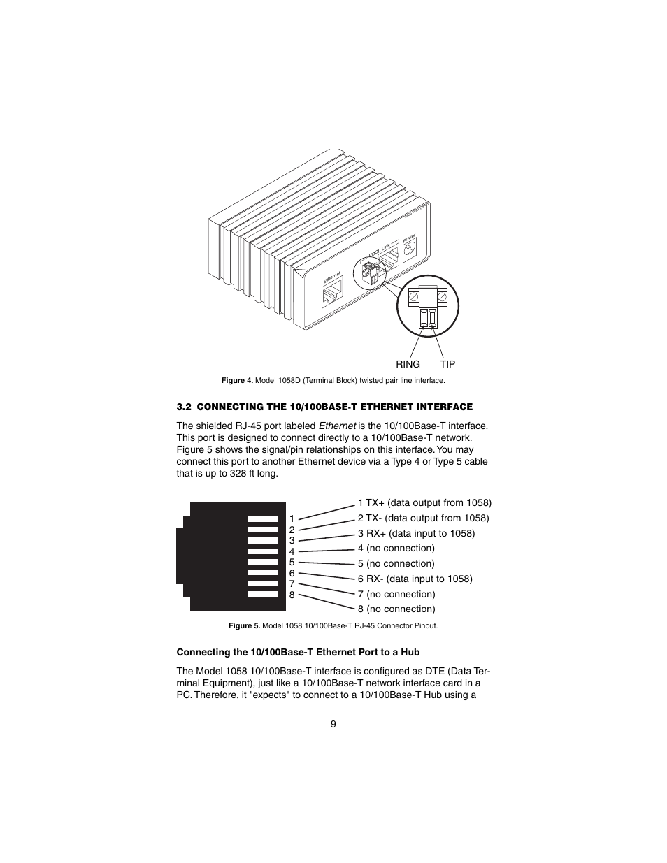 2 connecting the 10/100base-t ethernet interface, Connecting the 10/100base-t ethernet port to a hub, Connecting the 10/100base-t ethernet interface | Er to section 3.2, “connecting | Patton electronic Model 1058 User Manual | Page 9 / 17