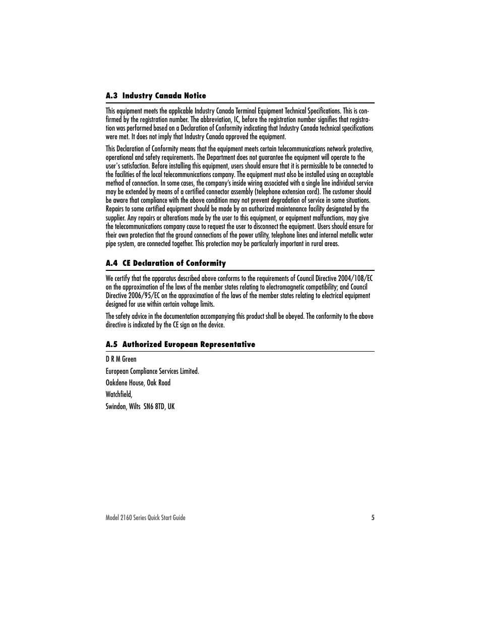 A.3 industry canada notice, A.4 ce declaration of conformity, A.5 authorized european representative | Patton electronic 07M2160-QS User Manual | Page 5 / 8
