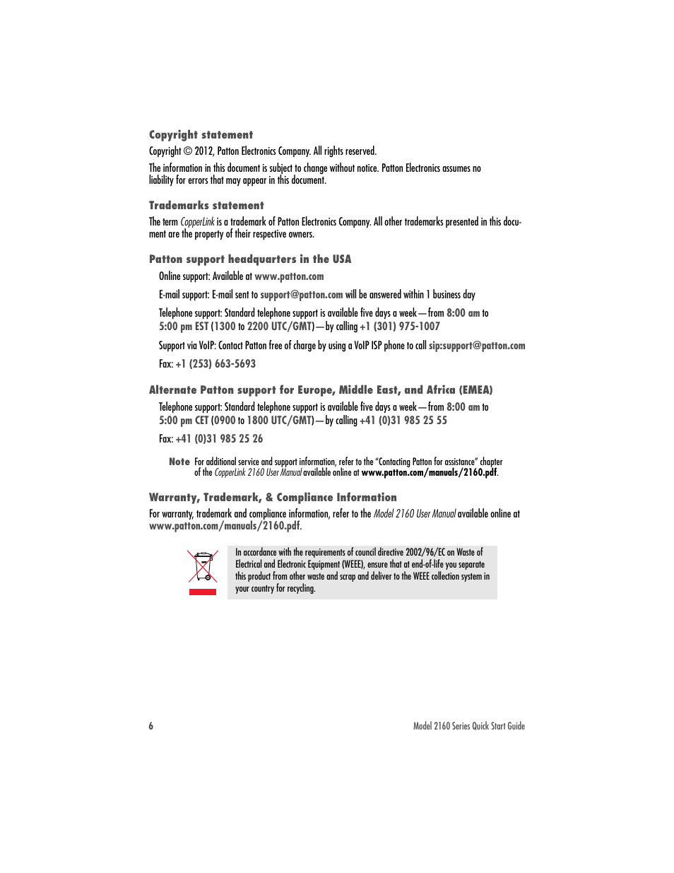 Copyright statement, Trademarks statement, Patton support headquarters in the usa | Warranty, trademark, & compliance information | Patton electronic 07M2160-QS User Manual | Page 6 / 8