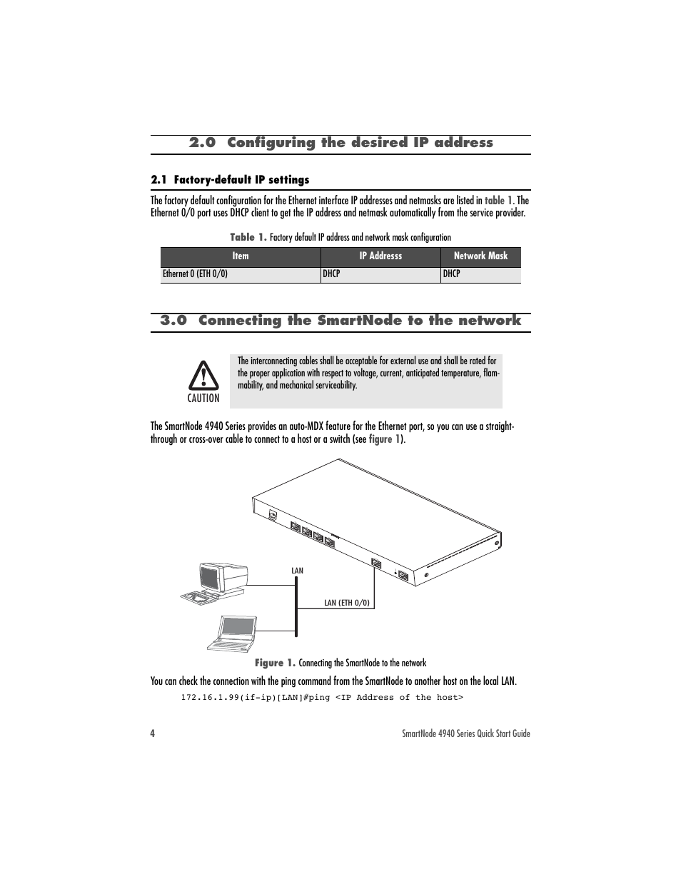 0 configuring the desired ip address, 1 factory-default ip settings, 0 connecting the smartnode to the network | Patton electronic SMARTNODE 4940 User Manual | Page 4 / 12