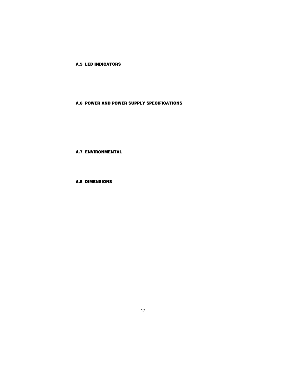 A.5 led indicators, A.6 power and power supply specifications, A.7 environmental | A.8 dimensions, Led indicators, Power and power supply specifications, Environmental, Dimensions | Patton electronic 2156 User Manual | Page 17 / 20