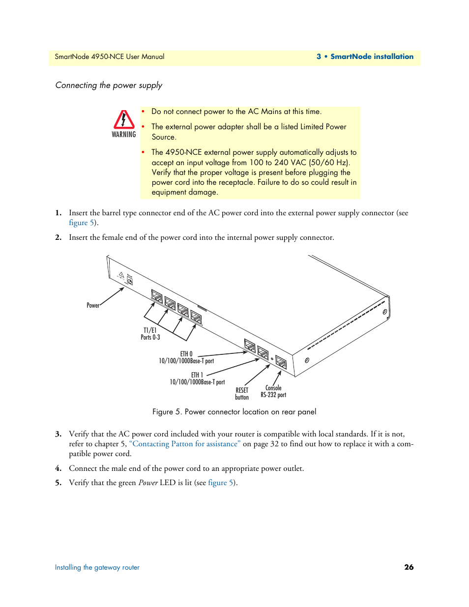 Connecting the power supply, Power connector location on rear panel | Patton electronic SMART NODE 4950-NCE User Manual | Page 26 / 65