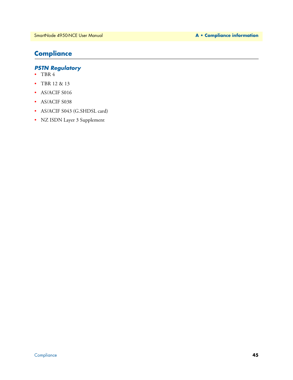 Compliance, Pstn regulatory | Patton electronic SMART NODE 4950-NCE User Manual | Page 45 / 65