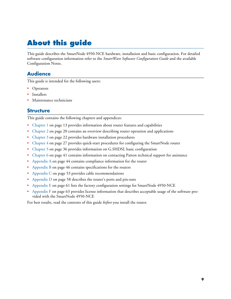 About this guide, Audience, Structure | Patton electronic SMART NODE 4950-NCE User Manual | Page 9 / 65