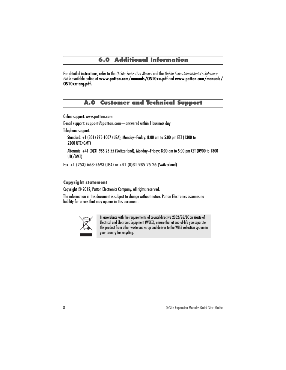 0 additional information, Copyright statement | Patton electronic OnSite 9200 User Manual | Page 8 / 8