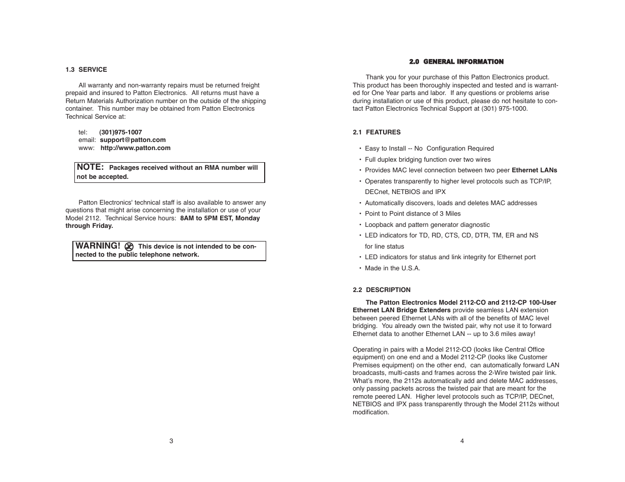 Warning | Patton electronic 2112 User Manual | Page 4 / 20
