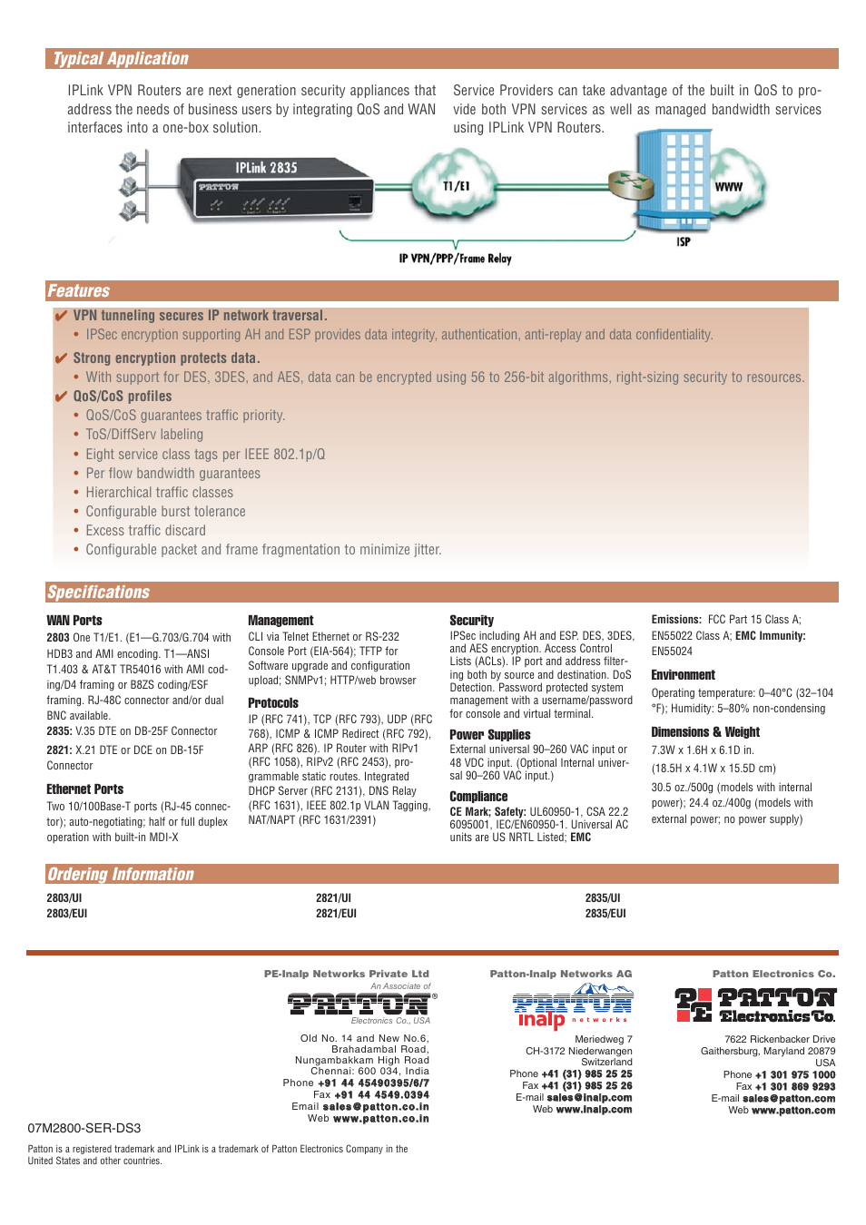 Typical application, Specifications ordering information, Features | Ethernet ports, Management, Protocols, Security, Power supplies, Compliance, Environment | Patton electronic 2835 User Manual | Page 2 / 2