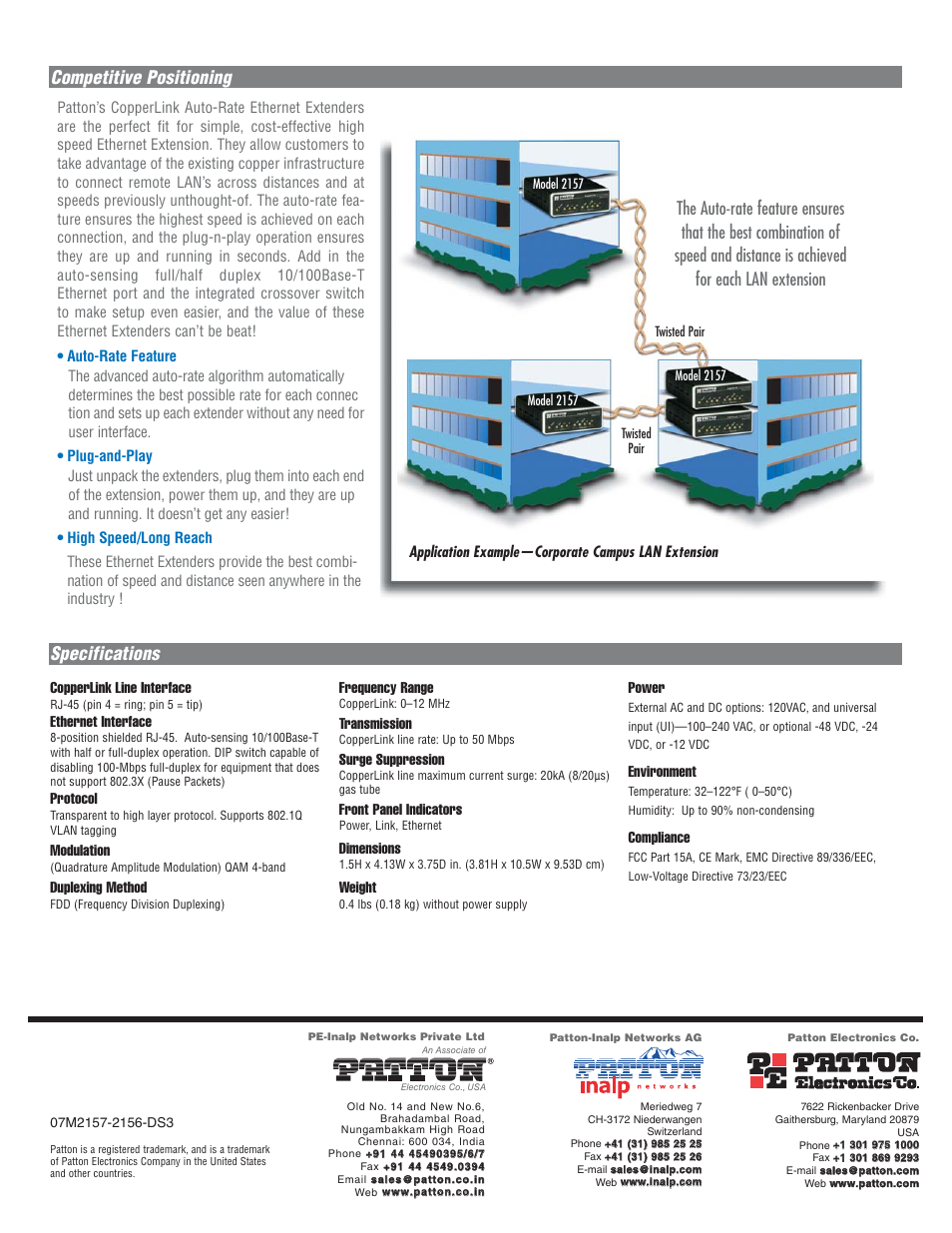 Specifications competitive positioning, Copperlink line interface, Ethernet interface | Protocol, Modulation, Duplexing method, Frequency range, Transmission, Surge suppression, Front panel indicators | Patton electronic CopperLinkTM 2156 & 2157 User Manual | Page 2 / 2