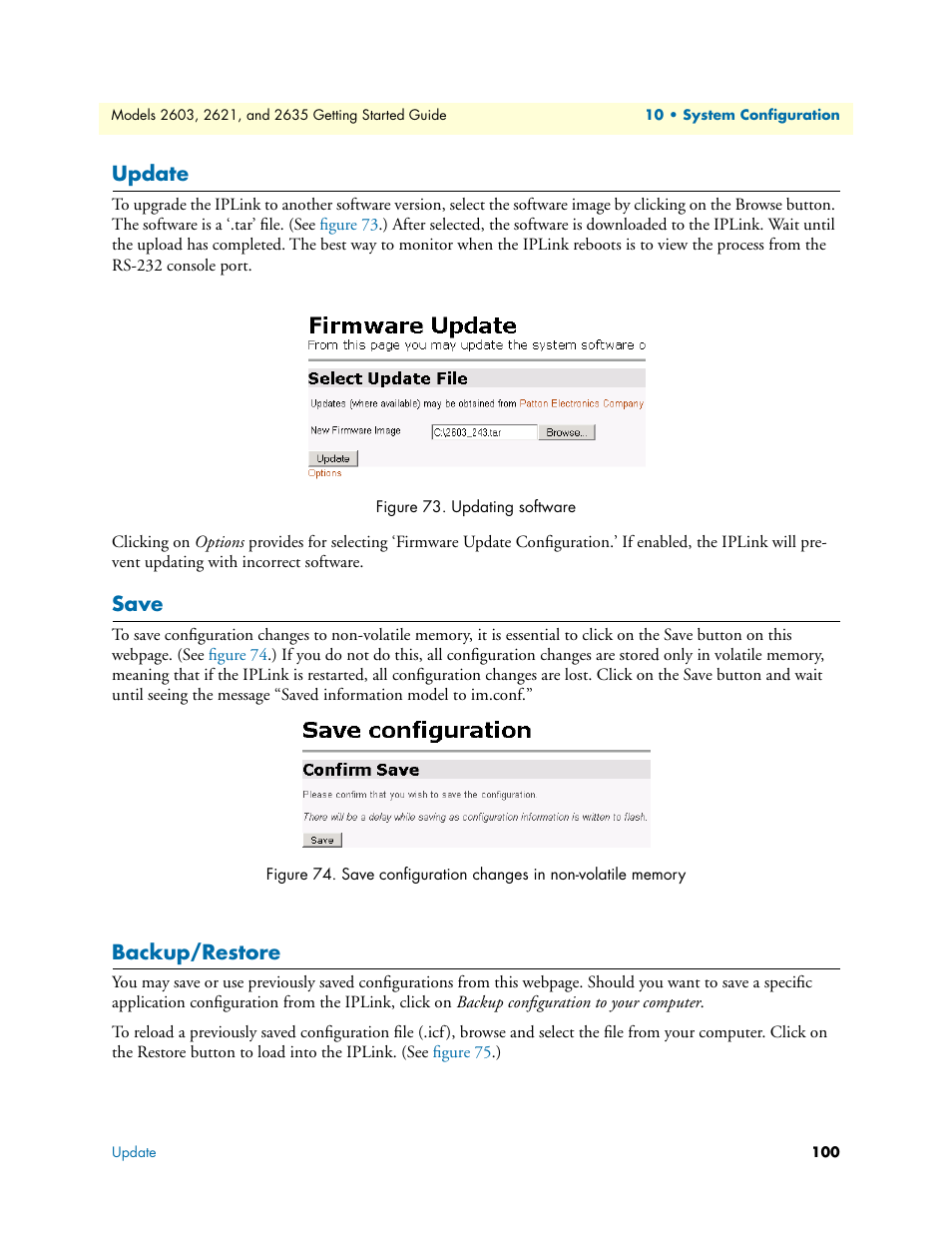 Update, Save, Backup/restore | Update save backup/restore, Updating software, Save configuration changes in non-volatile memory | Patton electronic 2635 User Manual | Page 100 / 133