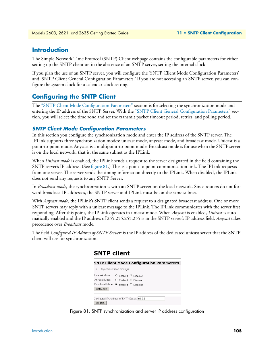 Introduction, Configuring the sntp client, Sntp client mode configuration parameters | Introduction configuring the sntp client | Patton electronic 2635 User Manual | Page 105 / 133