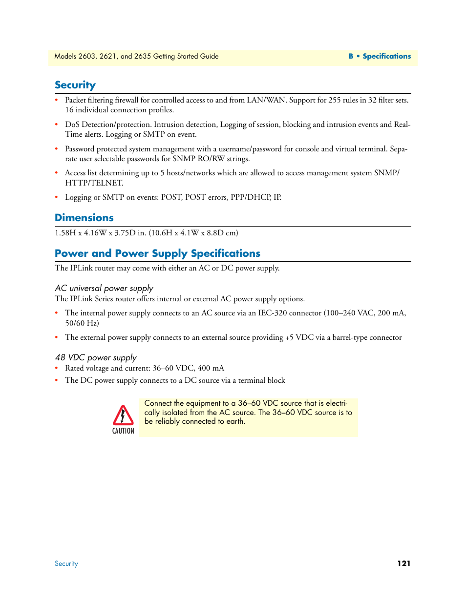 Security, Dimensions, Power and power supply specifications | Ac universal power supply, 48 vdc power supply, Ac universal power supply 48 vdc power supply | Patton electronic 2635 User Manual | Page 121 / 133