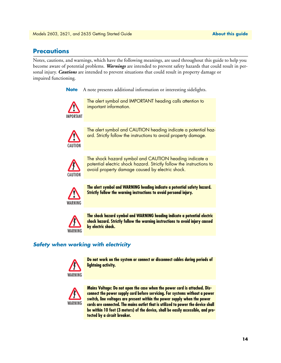 Precautions, Safety when working with electricity | Patton electronic 2635 User Manual | Page 14 / 133