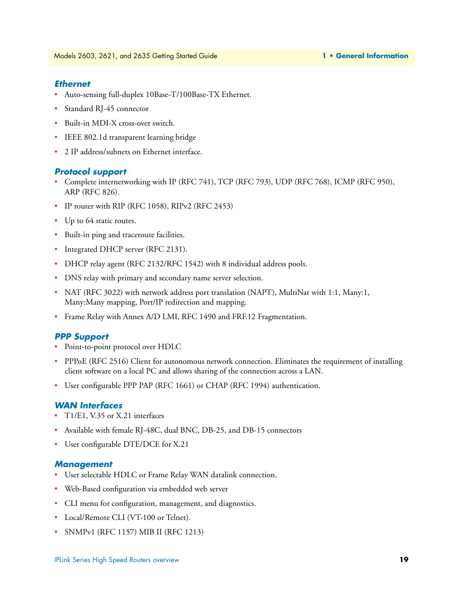 Ethernet, Protocol support, Ppp support | Wan interfaces, Management, T, see section, Anagement, see section | Patton electronic 2635 User Manual | Page 19 / 133