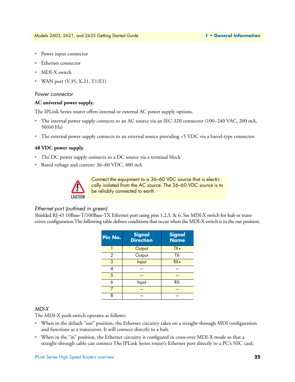 Power connector, Ethernet port (outlined in green), Mdi-x | Ac universal power supply 48 vdc power supply, Ethernet port (outlined in green) mdi-x, Ac universal power supply, 48 vdc power supply | Patton electronic 2635 User Manual | Page 22 / 133