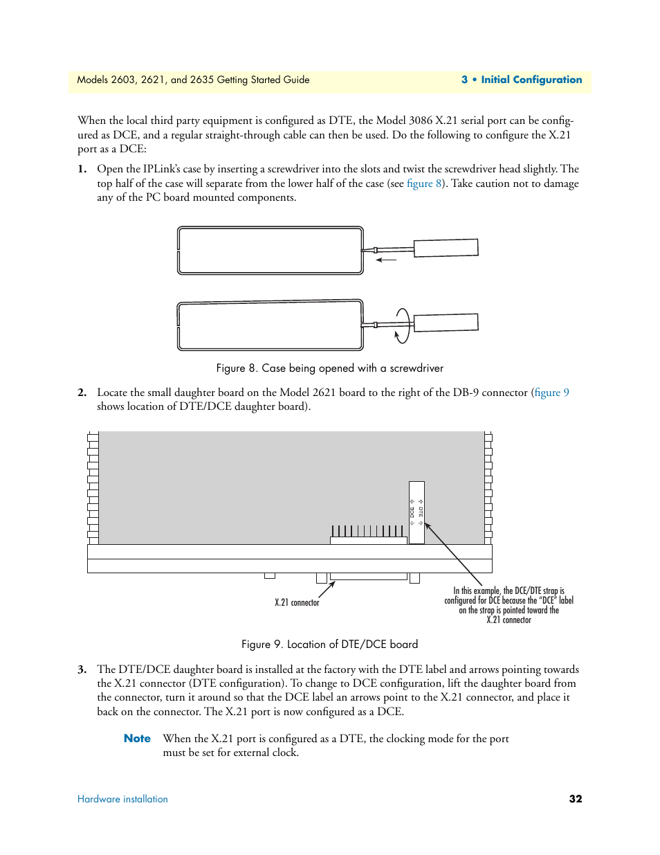 Case being opened with a screwdriver, Location of dte/dce board | Patton electronic 2635 User Manual | Page 32 / 133