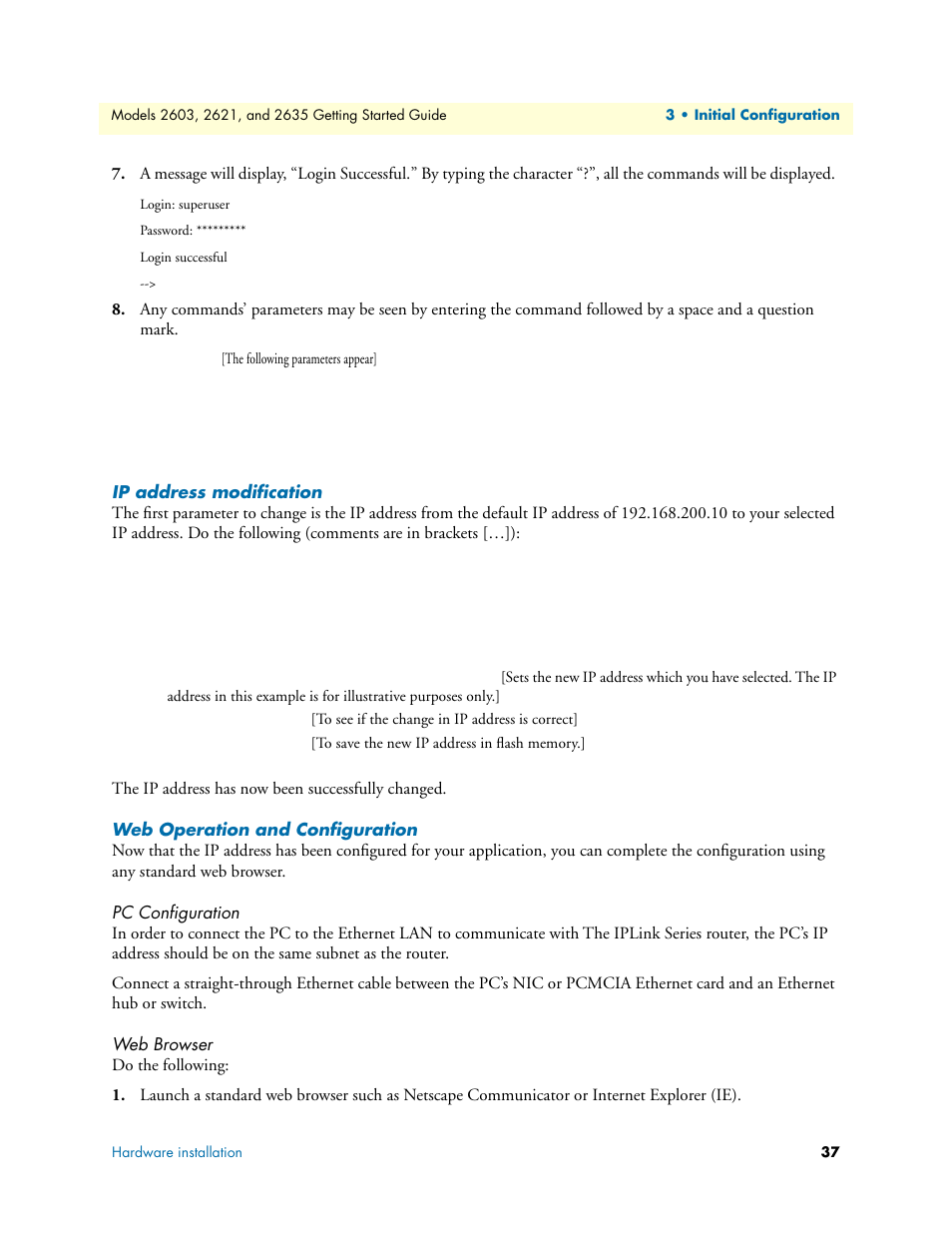 Ip address modification, Web operation and configuration, Pc configuration | Web browser, Pc configuration web browser, Y default setting (see section, Web operation and configura, Tion | Patton electronic 2635 User Manual | Page 37 / 133