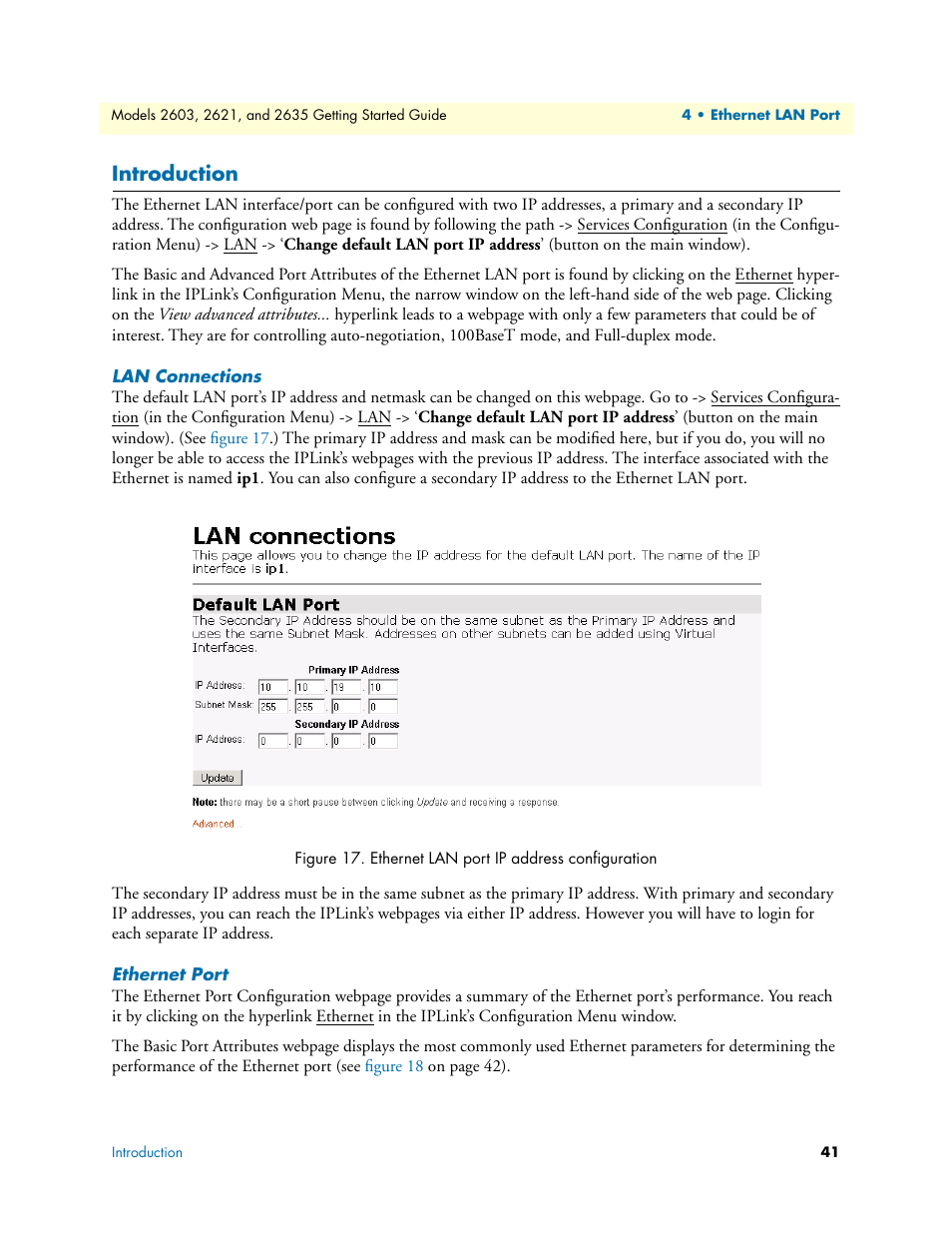 Introduction, Lan connections, Ethernet port | Lan connections ethernet port, Ethernet lan port ip address configuration | Patton electronic 2635 User Manual | Page 41 / 133