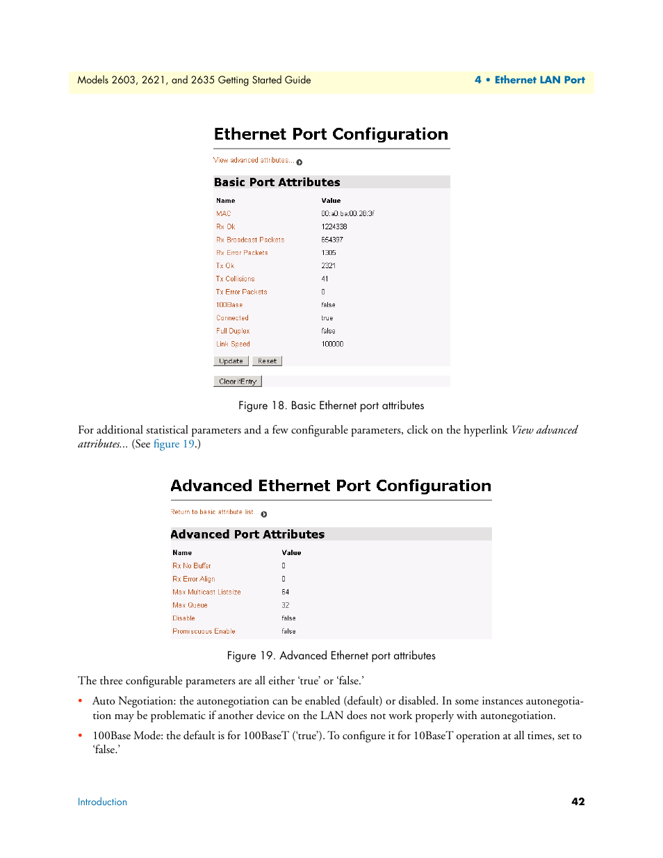 Basic ethernet port attributes, Advanced ethernet port attributes, Figure 18 | Patton electronic 2635 User Manual | Page 42 / 133