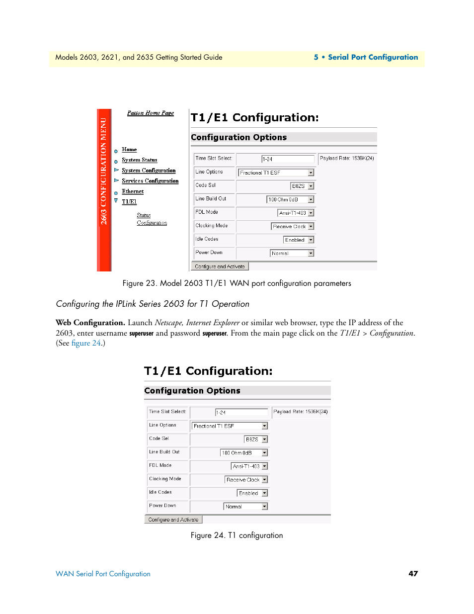 Web configuration, Model 2603 t1/e1 wan port configuration parameters, T1 configuration | Figure 23 | Patton electronic 2635 User Manual | Page 47 / 133