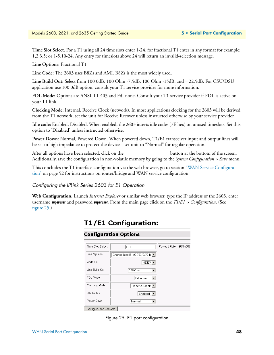 Web configuration, E1 port configuration | Patton electronic 2635 User Manual | Page 48 / 133