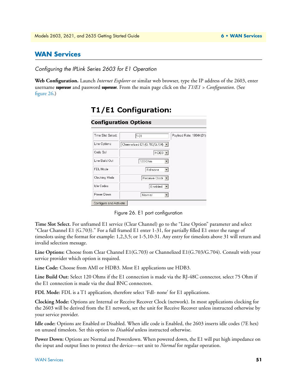 Wan services, Web configuration, E1 port configuration | Patton electronic 2635 User Manual | Page 51 / 133