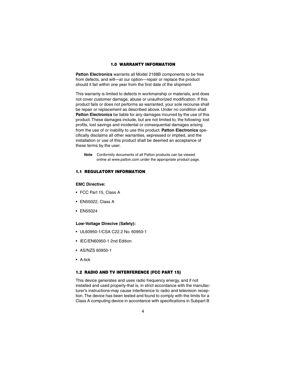 0 warranty information, 1 regulatory information, Emc directive | Low-voltage direcive (safety), 2 radio and tv interference (fcc part 15), Warranty information, Regulatory information, Emc directive: low-voltage direcive (safety), Radio and tv interference (fcc part 15) | Patton electronic 2168B User Manual | Page 4 / 20