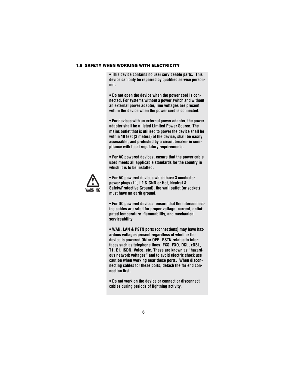6 safety when working with electricity, Safety when working with electricity | Patton electronic 2168B User Manual | Page 6 / 20