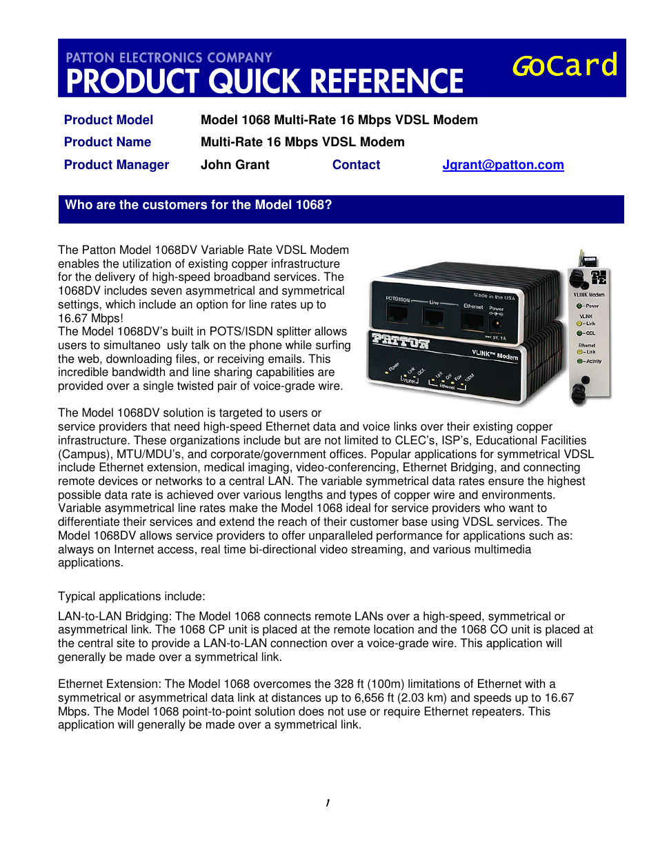 Patton electronic 1068 User Manual | 5 pages