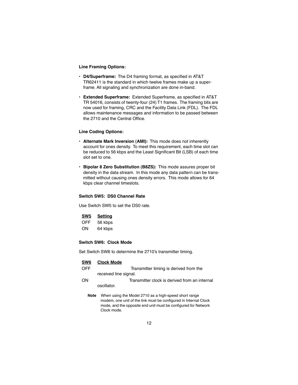 Line framing options, Line coding options, Switch sw5: ds0 channel rate | Switch sw6: clock mode, Line framing options: line coding options | Patton electronic 2710 User Manual | Page 12 / 44