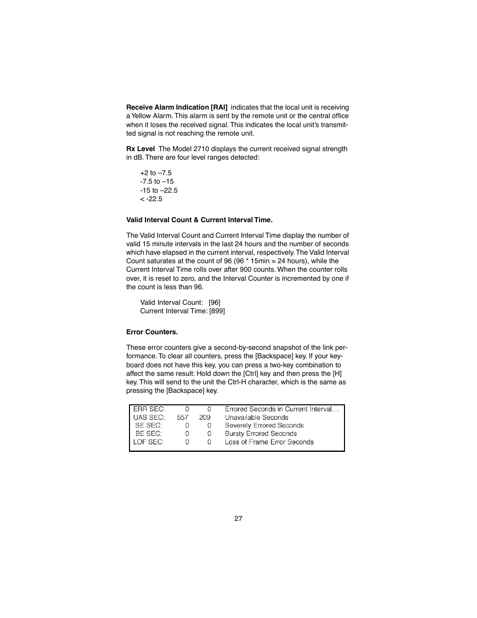 Valid interval count & current interval time, Error counters | Patton electronic 2710 User Manual | Page 27 / 44