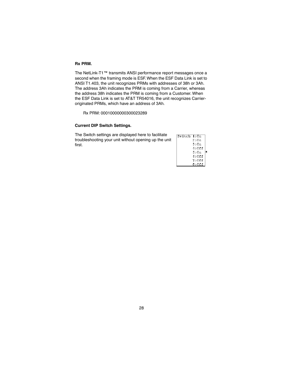 Rx prm, Current dip switch settings, Rx prm current dip switch settings | Patton electronic 2710 User Manual | Page 28 / 44