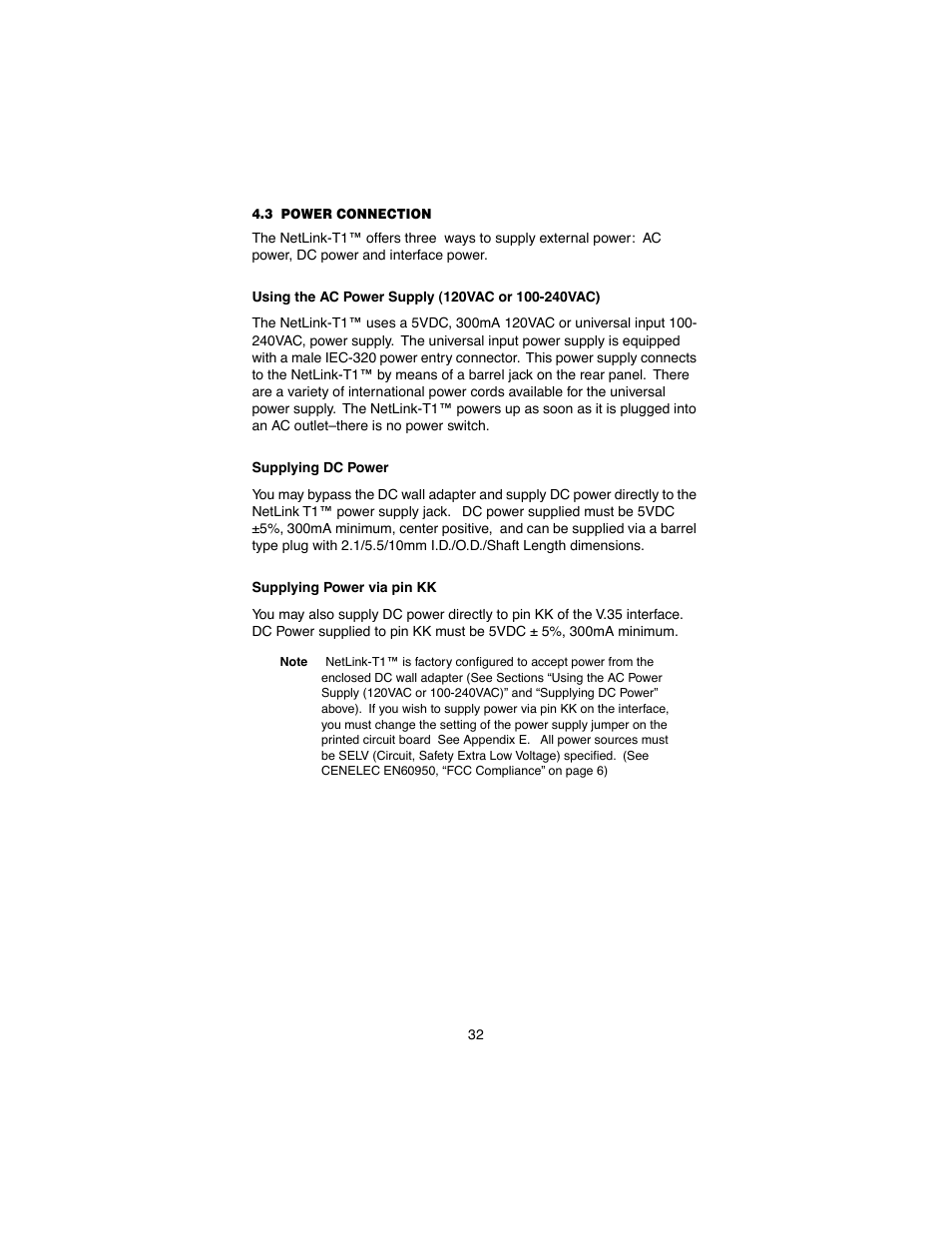 3 power connection, Using the ac power supply (120vac or 100-240vac), Supplying dc power | Supplying power via pin kk, Power connection | Patton electronic 2710 User Manual | Page 32 / 44