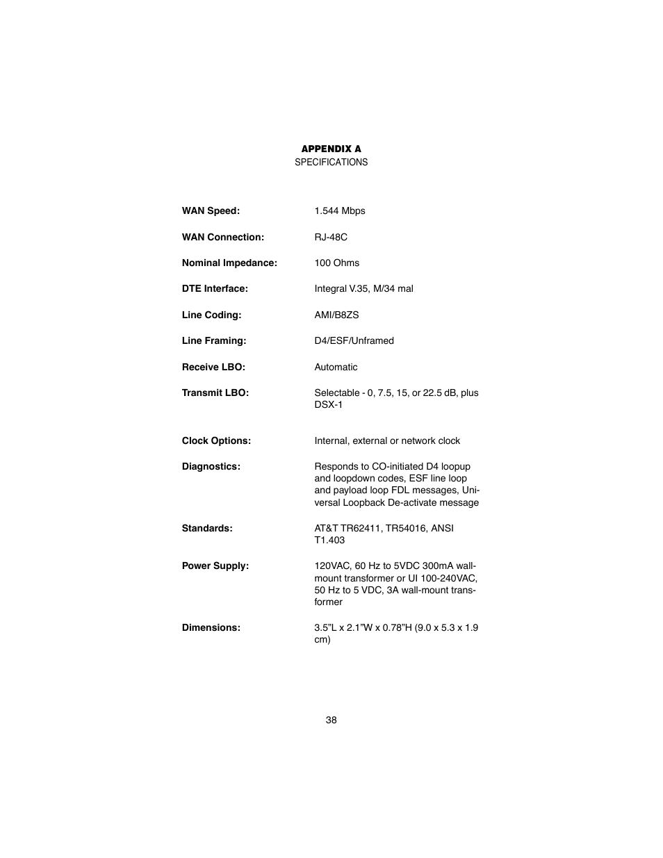 Appendix a specifications, Specifications | Patton electronic 2710 User Manual | Page 38 / 44